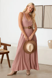 Western V-Neckline Waffle Hip Pocket Maxi Dress