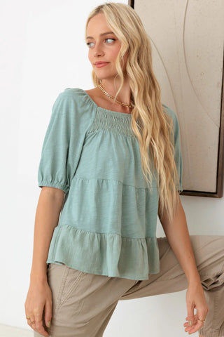 Boho Short Puff Sleeve Smocked Ruffle Hem Top