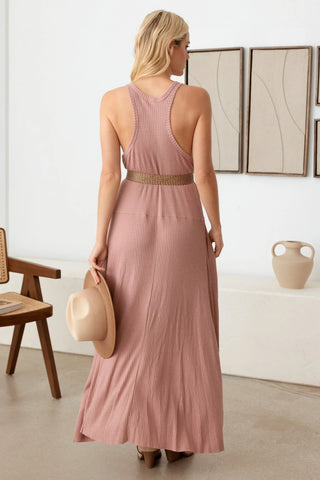 Western V-Neckline Waffle Hip Pocket Maxi Dress