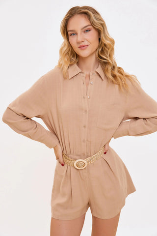 Elegant Wicker Belted Button-Up Jumpsuit