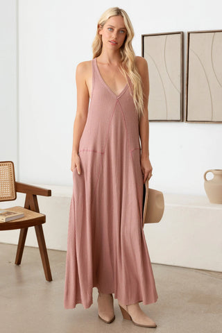 Western V-Neckline Waffle Hip Pocket Maxi Dress